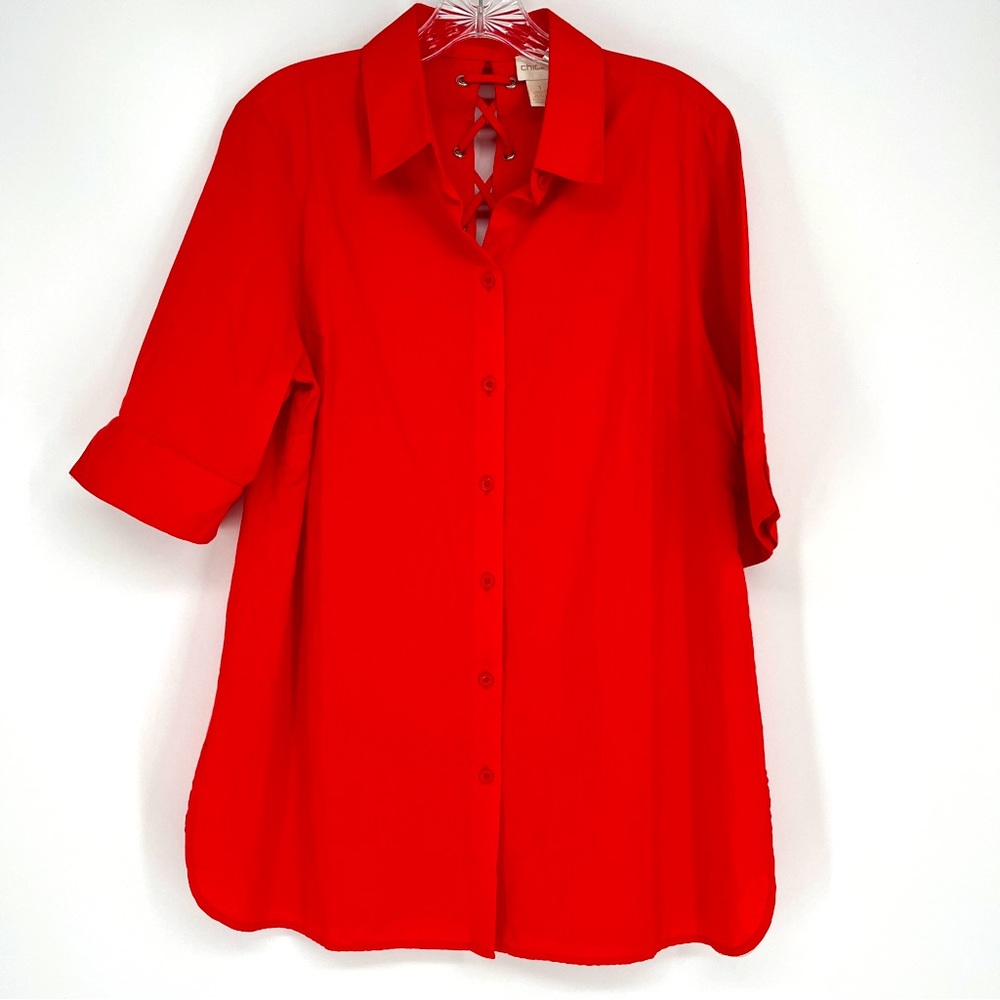 Chicos Orange Tunic Coastal Grandma Button Up 3/4 Sleeve Lightweight Size Small